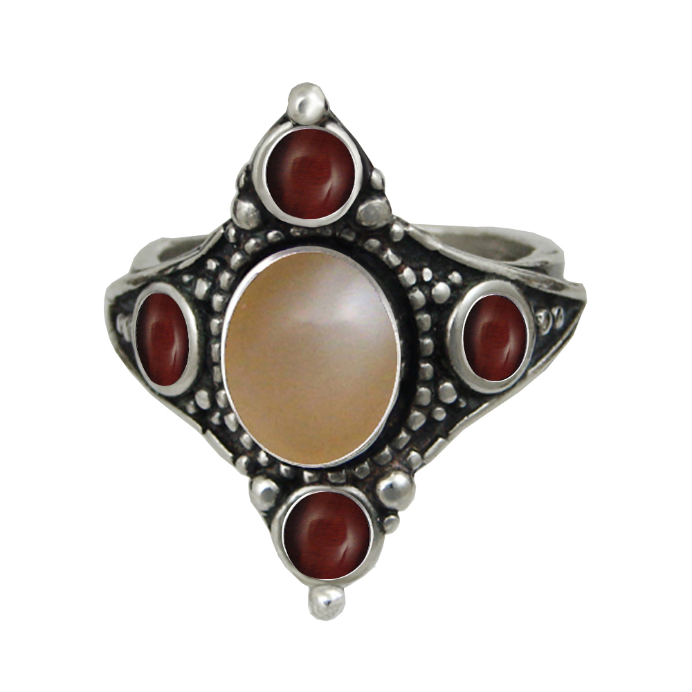 Sterling Silver Renaissance Queen's Ring With Peach Moonstone And Red Tiger Eye Size 9